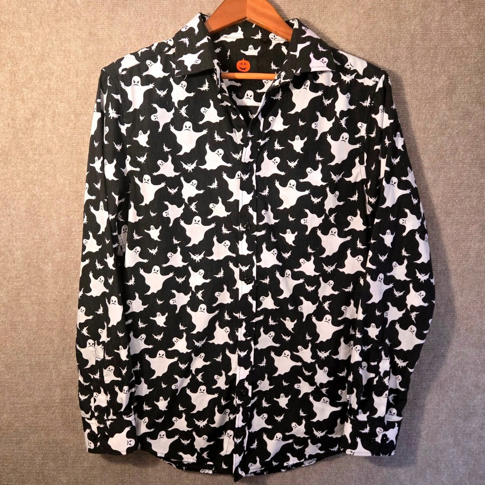 Simon Banks Halloween Ghost Bat Print Button Down Shirt Black White Mens Medium